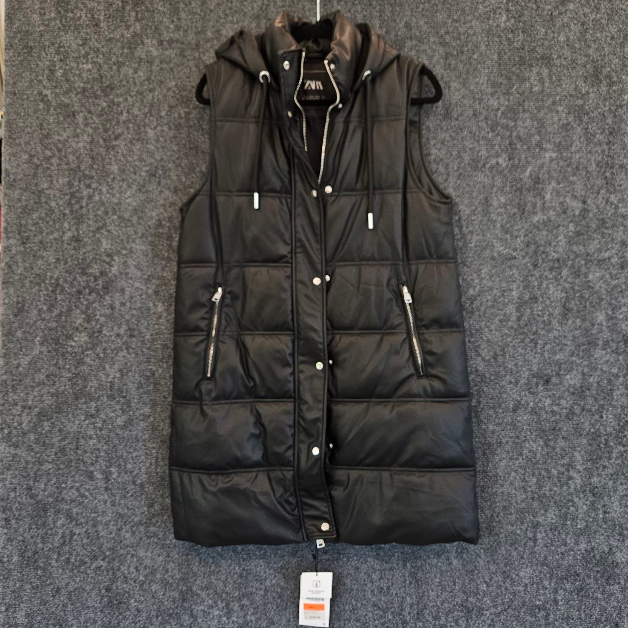 Zara Black Faux Leather Hooded Puffer Vest Longline Nwt Size S
